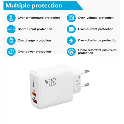 PD31 5V-20V 30W USB-C / Type-C + USB-A Multi Protocol Compatible Charger, EU Plug, 30W EU Plug