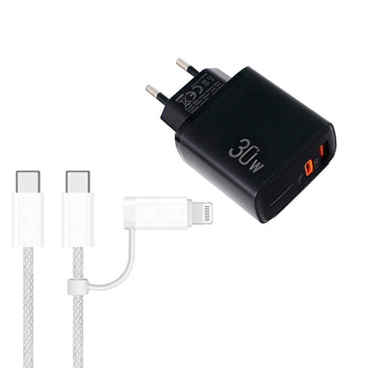 PD31 30W USB-C / Type-C + USB-A Charger with Type-C+8 Pin 2-in-1 Data Cable, EU Plug, EU Plug +  2-in-1 Data Cable