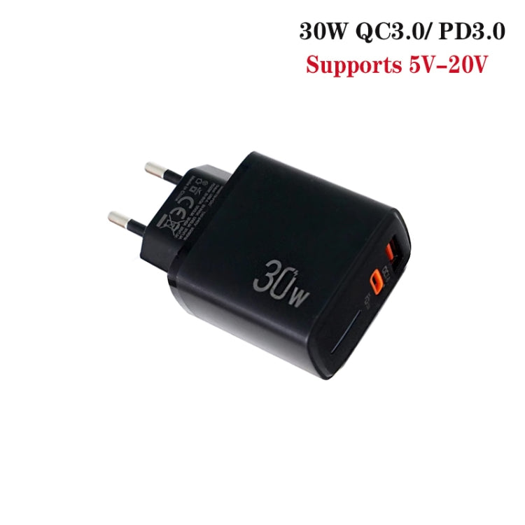 PD31 30W USB-C / Type-C + USB-A Charger with Type-C+8 Pin 2-in-1 Data Cable, EU Plug, EU Plug +  2-in-1 Data Cable