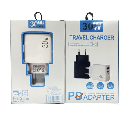 PD31 30W USB-C / Type-C + USB-A Charger with Type-C+8 Pin 2-in-1 Data Cable, EU Plug, EU Plug +  2-in-1 Data Cable