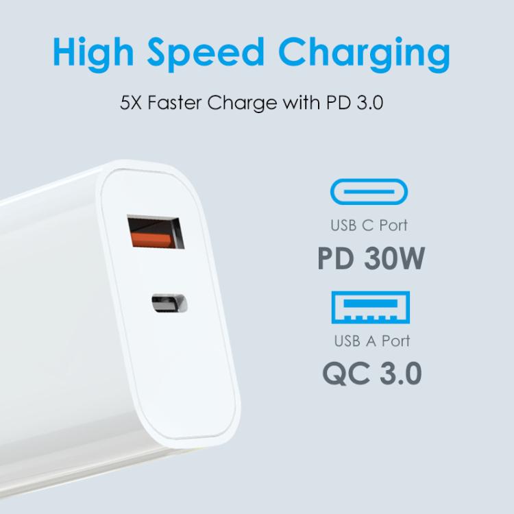NORTHJO NOPD3002 USB-C / Type-C PD 30W + QC3.0 USB Dual Port Wall Fast Charger, US Plug, EU Plug, UK Plug
