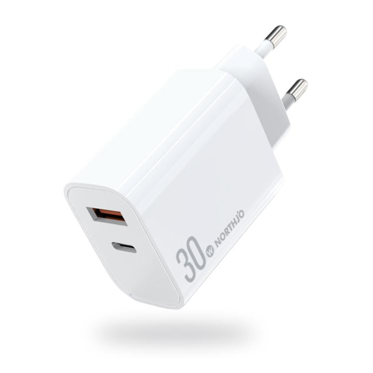 NORTHJO NOPD3002 USB-C / Type-C PD 30W + QC3.0 USB Dual Port Wall Fast Charger, US Plug, EU Plug, UK Plug