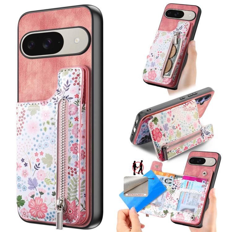 Retro Painted Zipper Wallet Back Phone Case, For Google Pixel 10 Pro XL, For Google Pixel 9a, For Google Pixel 9 Pro XL, For Google Pixel 10 / 10 Pro, For Google Pixel 9 / 9 Pro