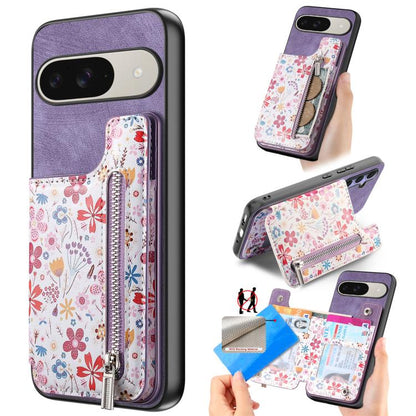 Retro Painted Zipper Wallet Back Phone Case, For Google Pixel 10 Pro XL, For Google Pixel 9a, For Google Pixel 9 Pro XL, For Google Pixel 10 / 10 Pro, For Google Pixel 9 / 9 Pro