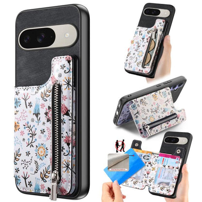 Retro Painted Zipper Wallet Back Phone Case, For Google Pixel 10 Pro XL, For Google Pixel 9a, For Google Pixel 9 Pro XL, For Google Pixel 10 / 10 Pro, For Google Pixel 9 / 9 Pro