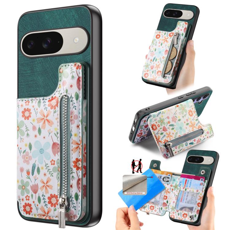 Retro Painted Zipper Wallet Back Phone Case, For Google Pixel 10 Pro XL, For Google Pixel 9a, For Google Pixel 9 Pro XL, For Google Pixel 10 / 10 Pro, For Google Pixel 9 / 9 Pro