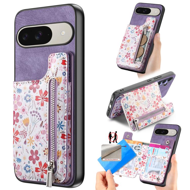 Retro Painted Zipper Wallet Back Phone Case, For Google Pixel 10 Pro XL, For Google Pixel 9a, For Google Pixel 9 Pro XL, For Google Pixel 10 / 10 Pro, For Google Pixel 9 / 9 Pro