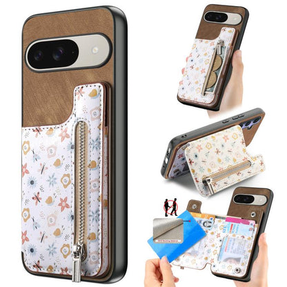 Retro Painted Zipper Wallet Back Phone Case, For Google Pixel 10 Pro XL, For Google Pixel 9a, For Google Pixel 9 Pro XL, For Google Pixel 10 / 10 Pro, For Google Pixel 9 / 9 Pro