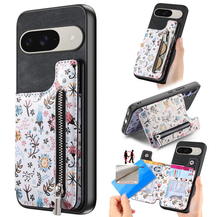 Retro Painted Zipper Wallet Back Phone Case, For Google Pixel 10 Pro XL, For Google Pixel 9a, For Google Pixel 9 Pro XL, For Google Pixel 10 / 10 Pro, For Google Pixel 9 / 9 Pro