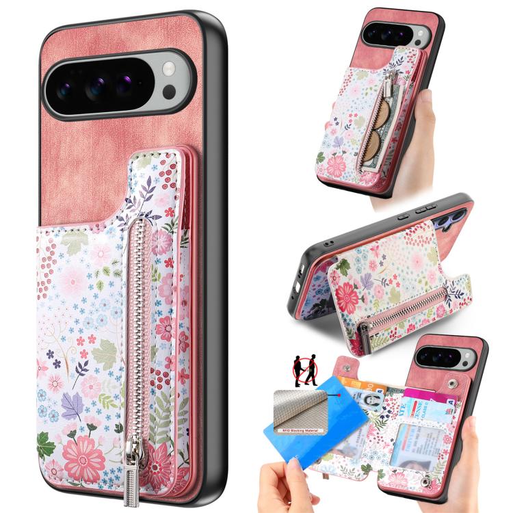 Retro Painted Zipper Wallet Back Phone Case, For Google Pixel 10 Pro XL, For Google Pixel 9a, For Google Pixel 9 Pro XL, For Google Pixel 10 / 10 Pro, For Google Pixel 9 / 9 Pro