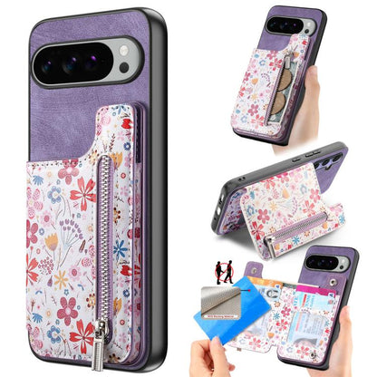 Retro Painted Zipper Wallet Back Phone Case, For Google Pixel 10 Pro XL, For Google Pixel 9a, For Google Pixel 9 Pro XL, For Google Pixel 10 / 10 Pro, For Google Pixel 9 / 9 Pro