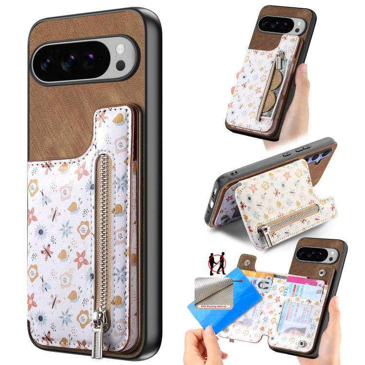 Retro Painted Zipper Wallet Back Phone Case, For Google Pixel 10 Pro XL, For Google Pixel 9a, For Google Pixel 9 Pro XL, For Google Pixel 10 / 10 Pro, For Google Pixel 9 / 9 Pro