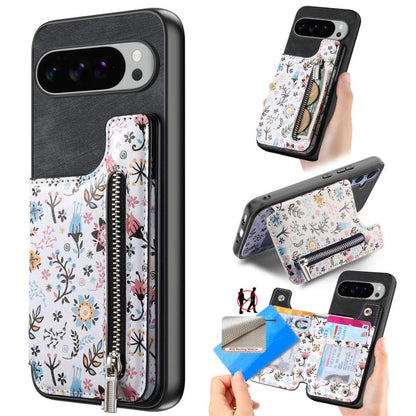 Retro Painted Zipper Wallet Back Phone Case, For Google Pixel 10 Pro XL, For Google Pixel 9a, For Google Pixel 9 Pro XL, For Google Pixel 10 / 10 Pro, For Google Pixel 9 / 9 Pro