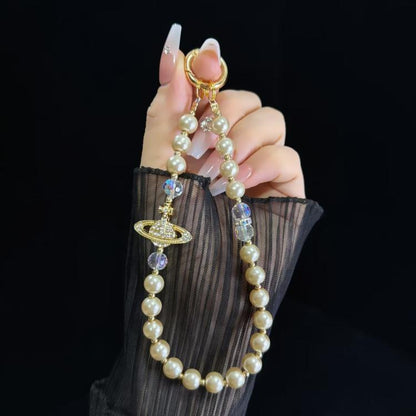 Alloy Saturn Crystal Pearl Phone Chain
