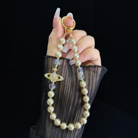 Alloy Saturn Crystal Pearl Phone Chain