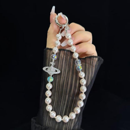 Alloy Saturn Crystal Pearl Phone Chain