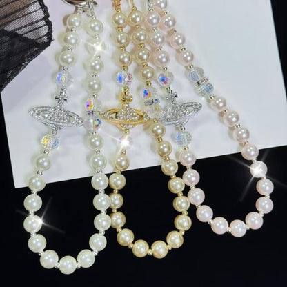 Alloy Saturn Crystal Pearl Phone Chain