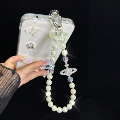 Alloy Saturn Crystal Pearl Phone Chain