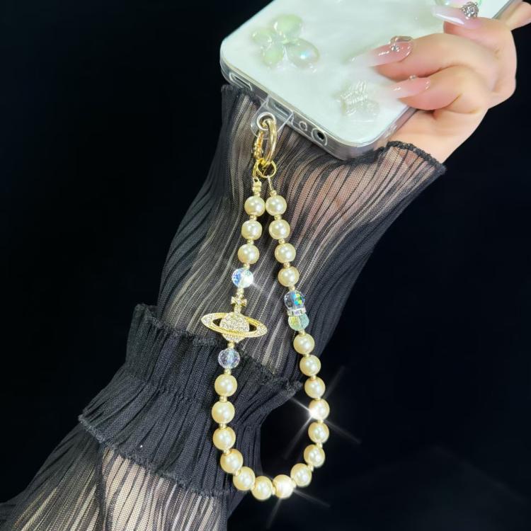 Alloy Saturn Crystal Pearl Phone Chain