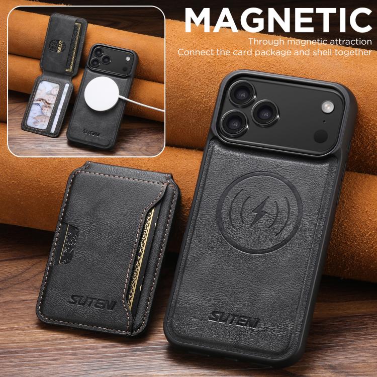 Suteni M3 Card Bag MagSafe Cowhide Texture Leather Phone Case, For iPhone 18, For iPhone 18 Pro, For iPhone 18 Pro Max, For iPhone 17 Pro Max, For iPhone 17 Pro, For iPhone 17, For iPhone Air, For iPhone 16 Pro Max, For iPhone 16 Pro, For iPhone 16 Plu...