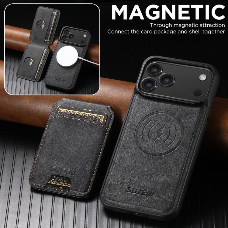 Suteni M5 Magnetic Card Bag MagSafe Cowhide Texture Leather Phone Case, For iPhone 17 Pro Max, For iPhone 17 Pro, For iPhone 17, For iPhone Air, For iPhone 16 Pro Max, For iPhone 16 Pro, For iPhone 16 Plus, For iPhone 16, For iPhone 15 Pro Max         ...