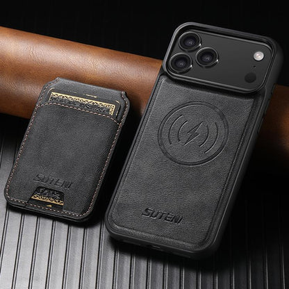 Suteni M5 Magnetic Card Bag MagSafe Cowhide Texture Leather Phone Case, For iPhone 18, For iPhone 18 Pro, For iPhone 18 Pro Max, For iPhone 17 Pro Max, For iPhone 17 Pro, For iPhone 17, For iPhone Air, For iPhone 16 Pro Max, For iPhone 16 Pro          ...