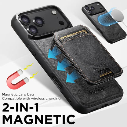 Suteni M5 Magnetic Card Bag MagSafe Cowhide Texture Leather Phone Case, For iPhone 18, For iPhone 18 Pro, For iPhone 18 Pro Max, For iPhone 17 Pro Max, For iPhone 17 Pro, For iPhone 17, For iPhone Air, For iPhone 16 Pro Max, For iPhone 16 Pro          ...