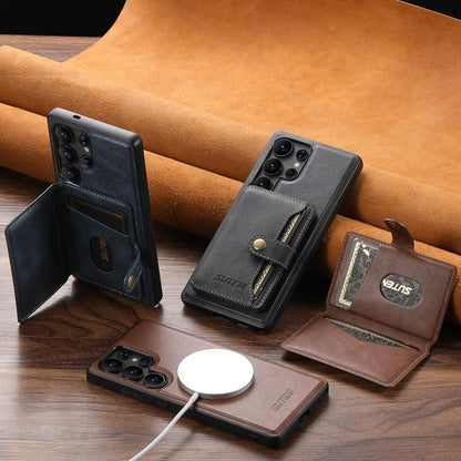 Suteni M4 Magnetic Card Bag MagSafe Leather Phone Case, For Samsung Galaxy S26 Ultra 5G, For Samsung Galaxy S25 Ultra 5G, For Samsung Galaxy S24 Ultra 5G, For Samsung Galaxy S23 Ultra 5G, For Samsung Galaxy S22 Ultra 5G