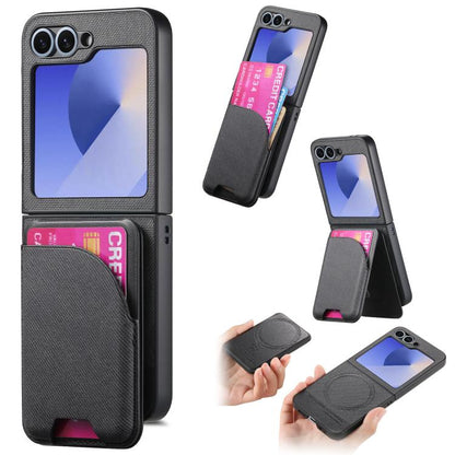Twill Fabric Leather Skin Card Bag Magnetic Back Phone Case, For Galaxy Z Flip8 5G, For Galaxy Z Flip7 5G, For Galaxy Z Flip6, For Galaxy Z Flip5, For Galaxy Z Flip4, For Galaxy Z Flip3 5G