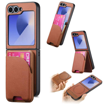 Twill Fabric Leather Skin Card Bag Magnetic Back Phone Case, For Galaxy Z Flip8 5G, For Galaxy Z Flip7 5G, For Galaxy Z Flip6, For Galaxy Z Flip5, For Galaxy Z Flip4, For Galaxy Z Flip3 5G