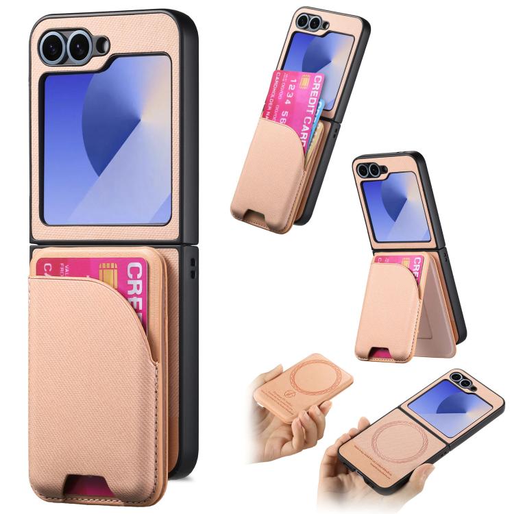 Twill Fabric Leather Skin Card Bag Magnetic Back Phone Case, For Galaxy Z Flip8 5G, For Galaxy Z Flip7 5G, For Galaxy Z Flip6, For Galaxy Z Flip5, For Galaxy Z Flip4, For Galaxy Z Flip3 5G