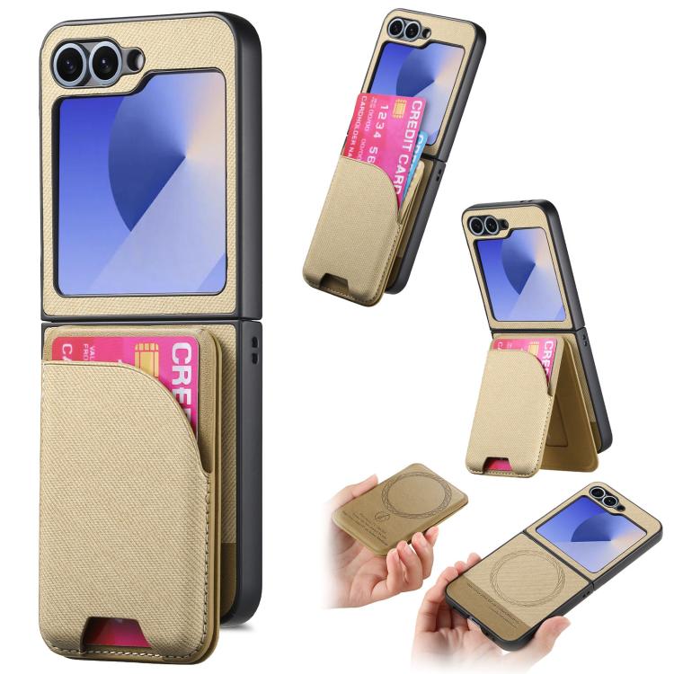 Twill Fabric Leather Skin Card Bag Magnetic Back Phone Case, For Galaxy Z Flip8 5G, For Galaxy Z Flip7 5G, For Galaxy Z Flip6, For Galaxy Z Flip5, For Galaxy Z Flip4, For Galaxy Z Flip3 5G