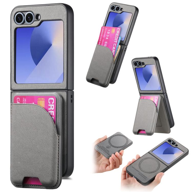 Twill Fabric Leather Skin Card Bag Magnetic Back Phone Case, For Galaxy Z Flip8 5G, For Galaxy Z Flip7 5G, For Galaxy Z Flip6, For Galaxy Z Flip5, For Galaxy Z Flip4, For Galaxy Z Flip3 5G