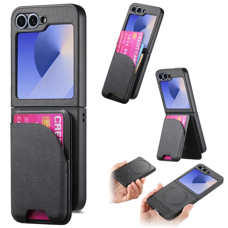Twill Fabric Leather Skin Card Bag Magnetic Back Phone Case, For Galaxy Z Flip8 5G, For Galaxy Z Flip7 5G, For Galaxy Z Flip6, For Galaxy Z Flip5, For Galaxy Z Flip4, For Galaxy Z Flip3 5G