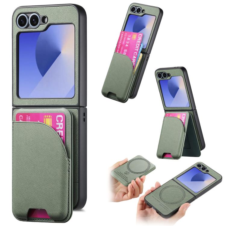 Twill Fabric Leather Skin Card Bag Magnetic Back Phone Case, For Galaxy Z Flip8 5G, For Galaxy Z Flip7 5G, For Galaxy Z Flip6, For Galaxy Z Flip5, For Galaxy Z Flip4, For Galaxy Z Flip3 5G