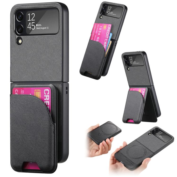 Twill Fabric Leather Skin Card Bag Magnetic Back Phone Case, For Galaxy Z Flip8 5G, For Galaxy Z Flip7 5G, For Galaxy Z Flip6, For Galaxy Z Flip5, For Galaxy Z Flip4, For Galaxy Z Flip3 5G
