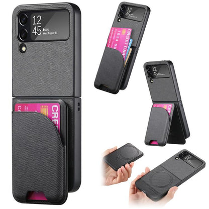 Twill Fabric Leather Skin Card Bag Magnetic Back Phone Case, For Galaxy Z Flip8 5G, For Galaxy Z Flip7 5G, For Galaxy Z Flip6, For Galaxy Z Flip5, For Galaxy Z Flip4, For Galaxy Z Flip3 5G