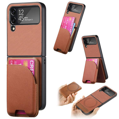 Twill Fabric Leather Skin Card Bag Magnetic Back Phone Case, For Galaxy Z Flip8 5G, For Galaxy Z Flip7 5G, For Galaxy Z Flip6, For Galaxy Z Flip5, For Galaxy Z Flip4, For Galaxy Z Flip3 5G