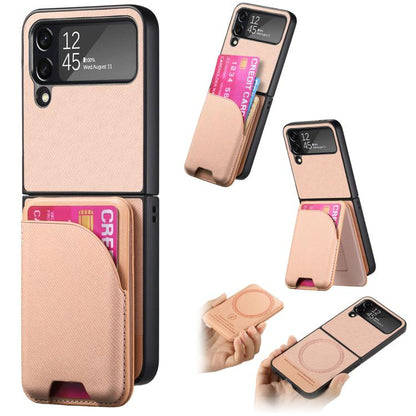 Twill Fabric Leather Skin Card Bag Magnetic Back Phone Case, For Galaxy Z Flip8 5G, For Galaxy Z Flip7 5G, For Galaxy Z Flip6, For Galaxy Z Flip5, For Galaxy Z Flip4, For Galaxy Z Flip3 5G