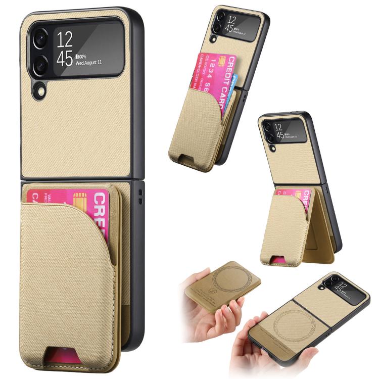 Twill Fabric Leather Skin Card Bag Magnetic Back Phone Case, For Galaxy Z Flip8 5G, For Galaxy Z Flip7 5G, For Galaxy Z Flip6, For Galaxy Z Flip5, For Galaxy Z Flip4, For Galaxy Z Flip3 5G