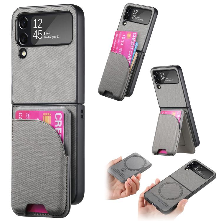 Twill Fabric Leather Skin Card Bag Magnetic Back Phone Case, For Galaxy Z Flip8 5G, For Galaxy Z Flip7 5G, For Galaxy Z Flip6, For Galaxy Z Flip5, For Galaxy Z Flip4, For Galaxy Z Flip3 5G