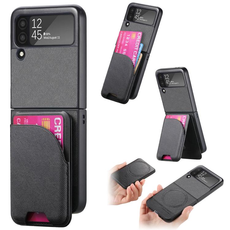 Twill Fabric Leather Skin Card Bag Magnetic Back Phone Case, For Galaxy Z Flip8 5G, For Galaxy Z Flip7 5G, For Galaxy Z Flip6, For Galaxy Z Flip5, For Galaxy Z Flip4, For Galaxy Z Flip3 5G