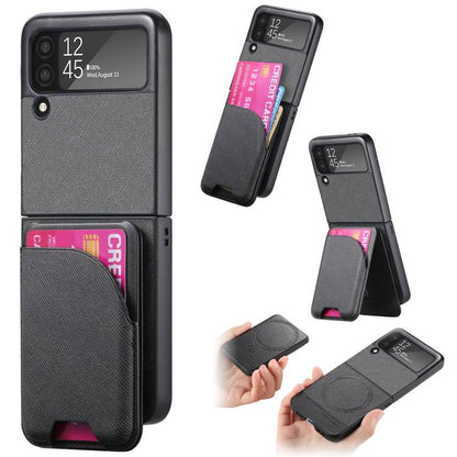 Twill Fabric Leather Skin Card Bag Magnetic Back Phone Case, For Galaxy Z Flip8 5G, For Galaxy Z Flip7 5G, For Galaxy Z Flip6, For Galaxy Z Flip5, For Galaxy Z Flip4, For Galaxy Z Flip3 5G