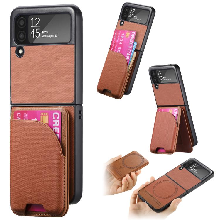Twill Fabric Leather Skin Card Bag Magnetic Back Phone Case, For Galaxy Z Flip8 5G, For Galaxy Z Flip7 5G, For Galaxy Z Flip6, For Galaxy Z Flip5, For Galaxy Z Flip4, For Galaxy Z Flip3 5G