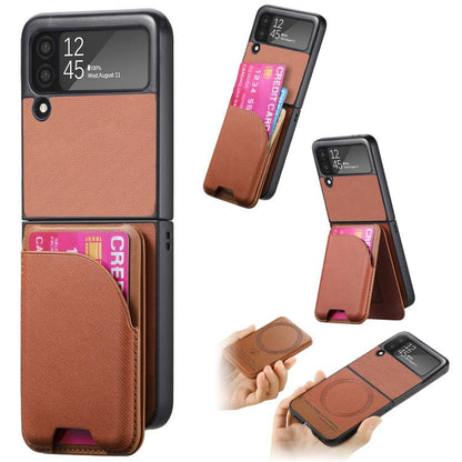 Twill Fabric Leather Skin Card Bag Magnetic Back Phone Case, For Galaxy Z Flip8 5G, For Galaxy Z Flip7 5G, For Galaxy Z Flip6, For Galaxy Z Flip5, For Galaxy Z Flip4, For Galaxy Z Flip3 5G