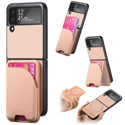 Twill Fabric Leather Skin Card Bag Magnetic Back Phone Case, For Galaxy Z Flip8 5G, For Galaxy Z Flip7 5G, For Galaxy Z Flip6, For Galaxy Z Flip5, For Galaxy Z Flip4, For Galaxy Z Flip3 5G
