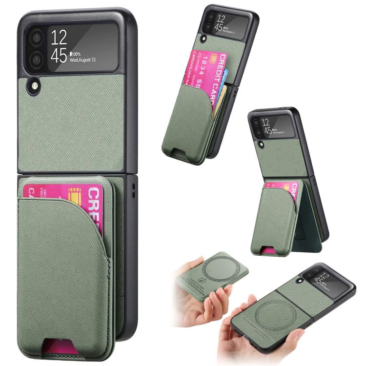 Twill Fabric Leather Skin Card Bag Magnetic Back Phone Case, For Galaxy Z Flip8 5G, For Galaxy Z Flip7 5G, For Galaxy Z Flip6, For Galaxy Z Flip5, For Galaxy Z Flip4, For Galaxy Z Flip3 5G