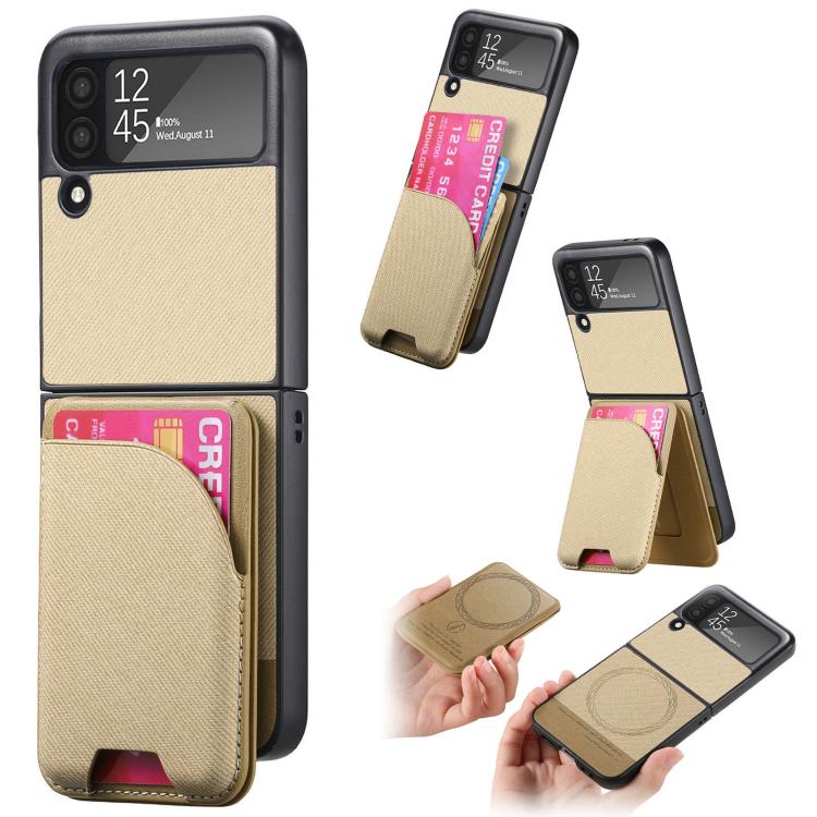 Twill Fabric Leather Skin Card Bag Magnetic Back Phone Case, For Galaxy Z Flip8 5G, For Galaxy Z Flip7 5G, For Galaxy Z Flip6, For Galaxy Z Flip5, For Galaxy Z Flip4, For Galaxy Z Flip3 5G
