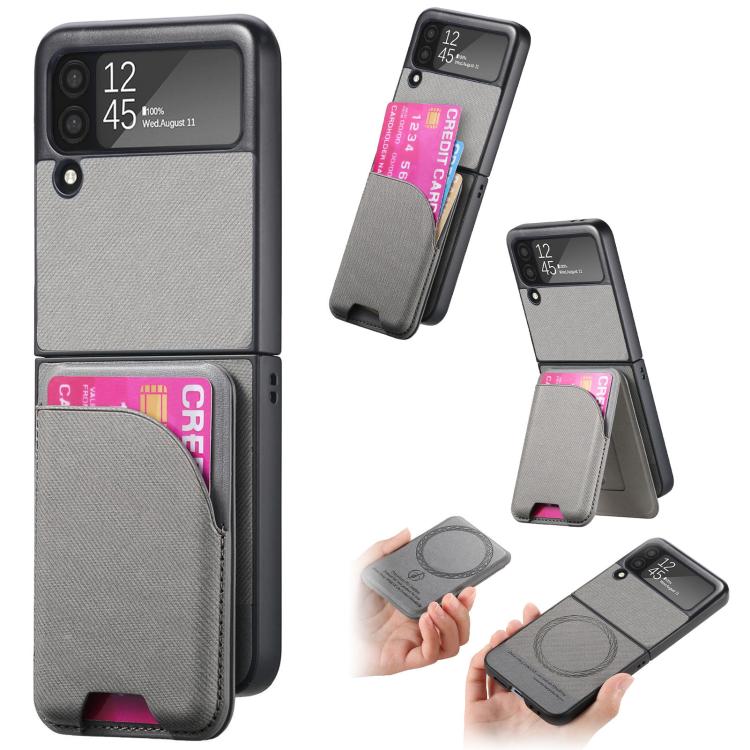 Twill Fabric Leather Skin Card Bag Magnetic Back Phone Case, For Galaxy Z Flip8 5G, For Galaxy Z Flip7 5G, For Galaxy Z Flip6, For Galaxy Z Flip5, For Galaxy Z Flip4, For Galaxy Z Flip3 5G