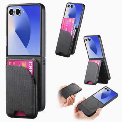 Twill Fabric Leather Skin Card Bag Magnetic Back Phone Case, For Galaxy Z Flip8 5G, For Galaxy Z Flip7 5G, For Galaxy Z Flip6, For Galaxy Z Flip5, For Galaxy Z Flip4, For Galaxy Z Flip3 5G